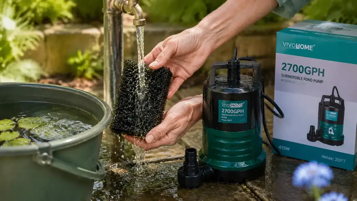 Hands cleaning a pond pump filter sponge under a garden tap, green moss on the pump casing