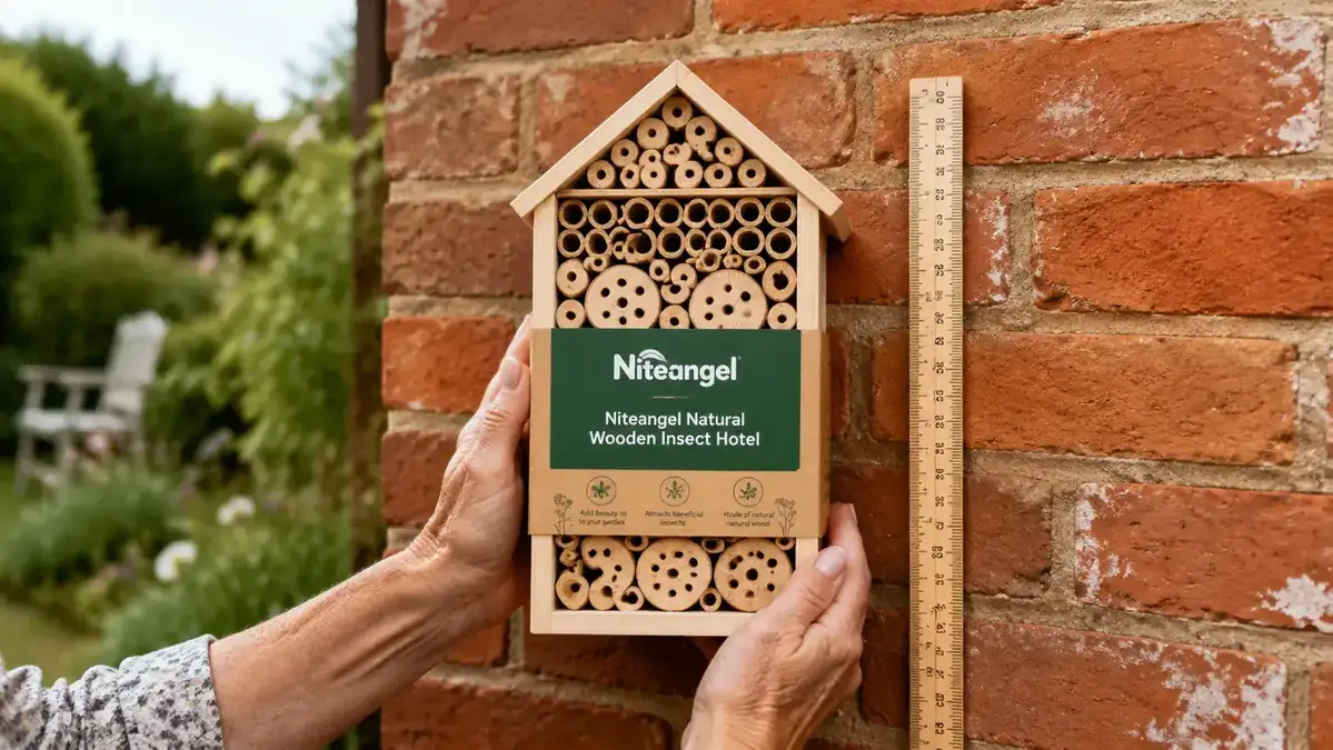 Hands positioning a wooden insect hotel against a south-facing garden wall at approximately one metre height