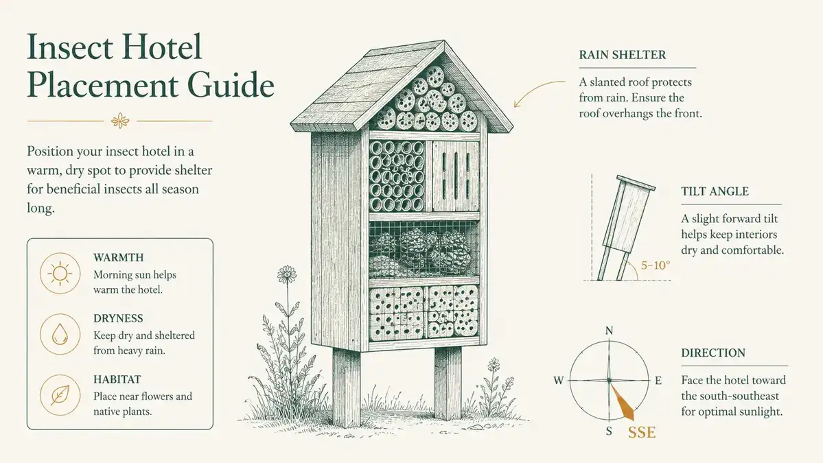 Diagram showing correct insect hotel orientation: face pointing south-southeast, slight forward tilt, sheltered from rain
