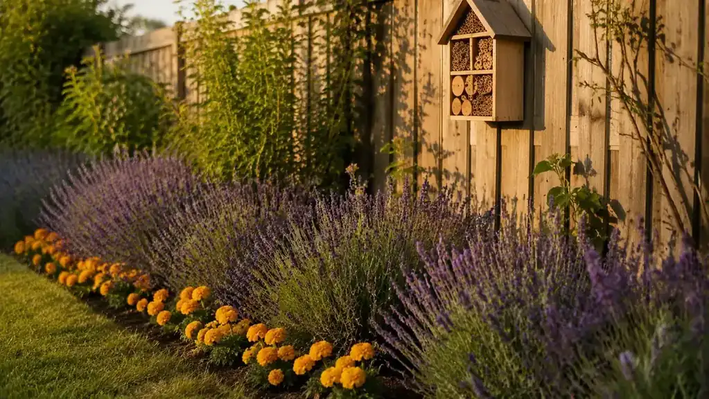 A cottage garden border with lavender, single-flowered roses, and marigolds planted directly below a mounted insect hotel