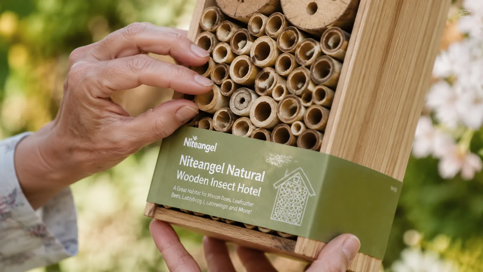Close-up of bamboo tubes and pine cone chambers inside an insect hotel showing a sealed tube where a solitary bee has nested