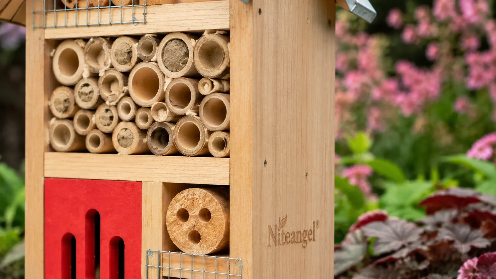 Close-up of bamboo tubes in an insect hotel showing a sealed chamber capped with mud, sign of a solitary bee nest