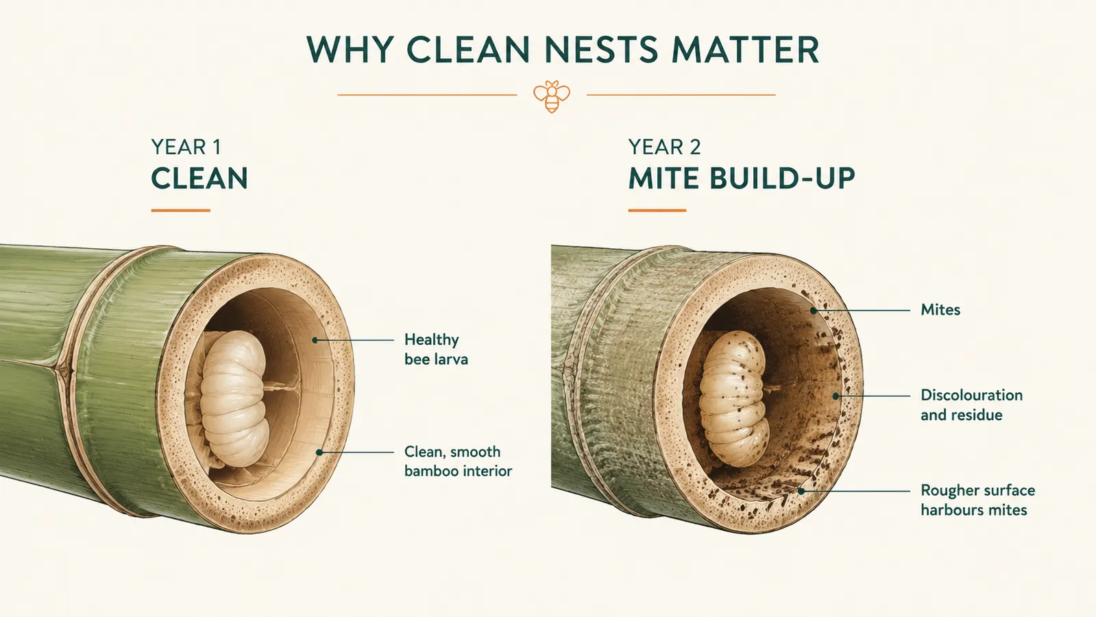 Diagram comparing a clean bamboo tube cross-section with a tube showing parasitic mite accumulation after one season