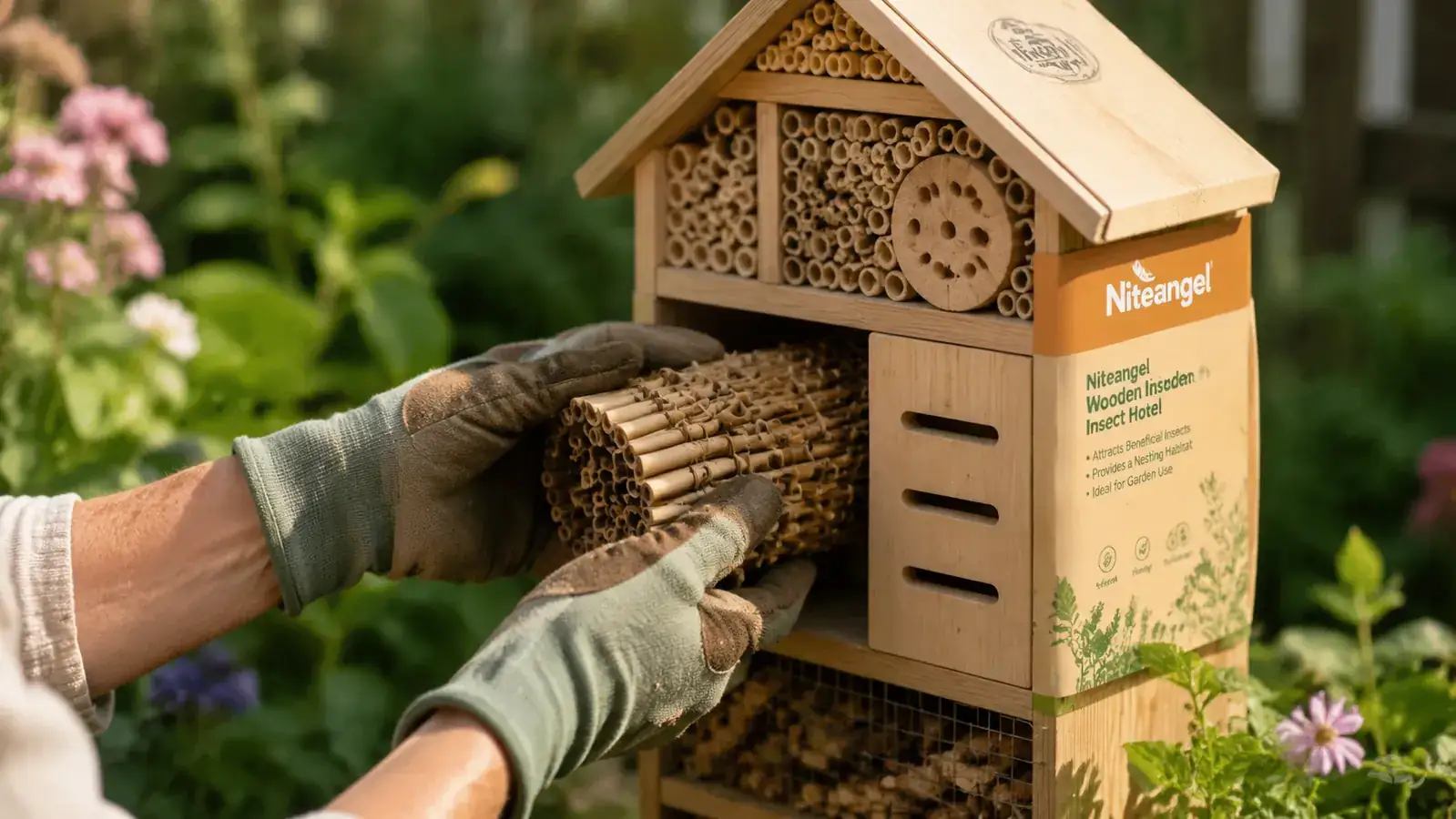 A pair of hands carefully removing a bamboo tube bundle from an insect hotel frame for winter inspection and replacement