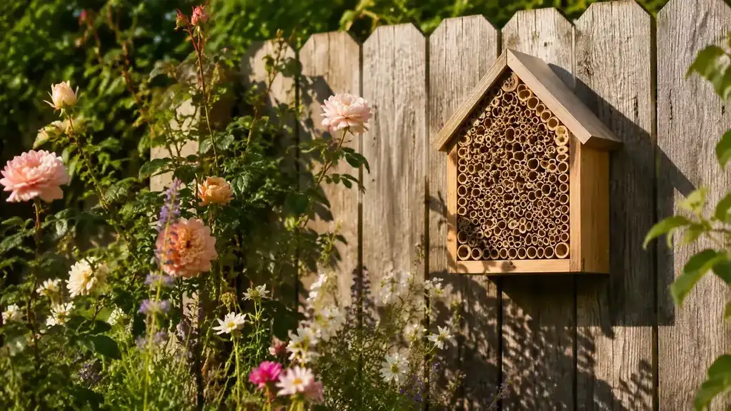 A garden scene showing an insect hotel positioned at head height on a south-facing fence with the sun hitting its opening directly