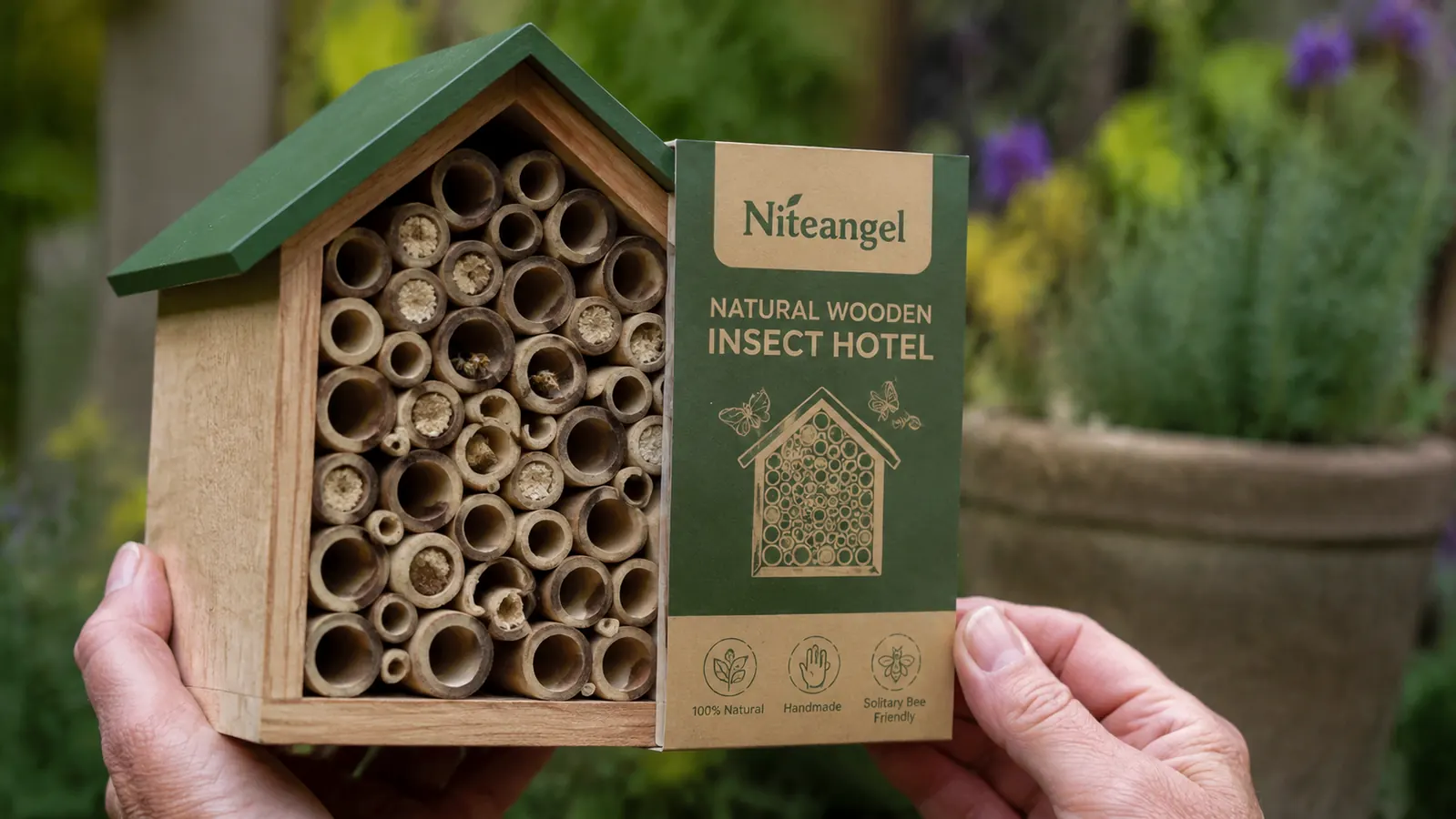 Close-up of the bamboo-tube chambers in the Niteangel insect hotel with dried mud plugs sealing several tubes, indicating solitary bee occupation