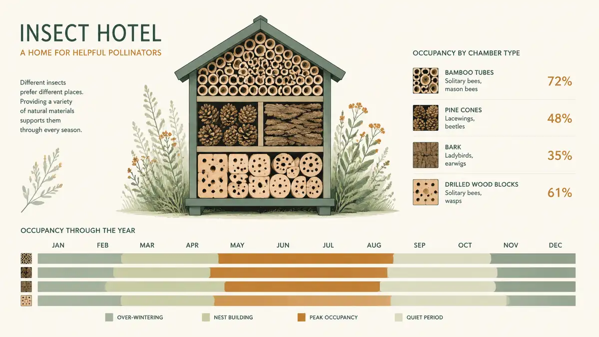 Hand-drawn style chart showing which chambers of a multi-compartment insect hotel were occupied over twelve months, with a simple month-by-month timeline