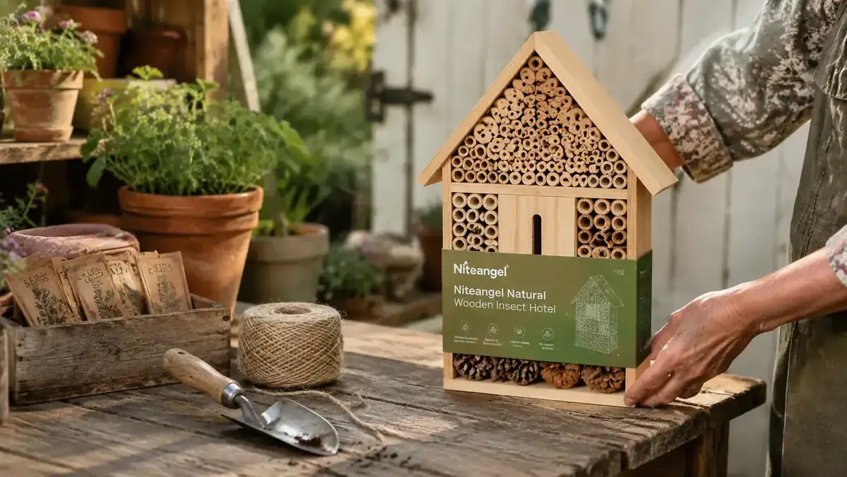 The Niteangel insect hotel sitting on a garden potting bench next to seed packets and garden twine, showing its natural wood construction before installation