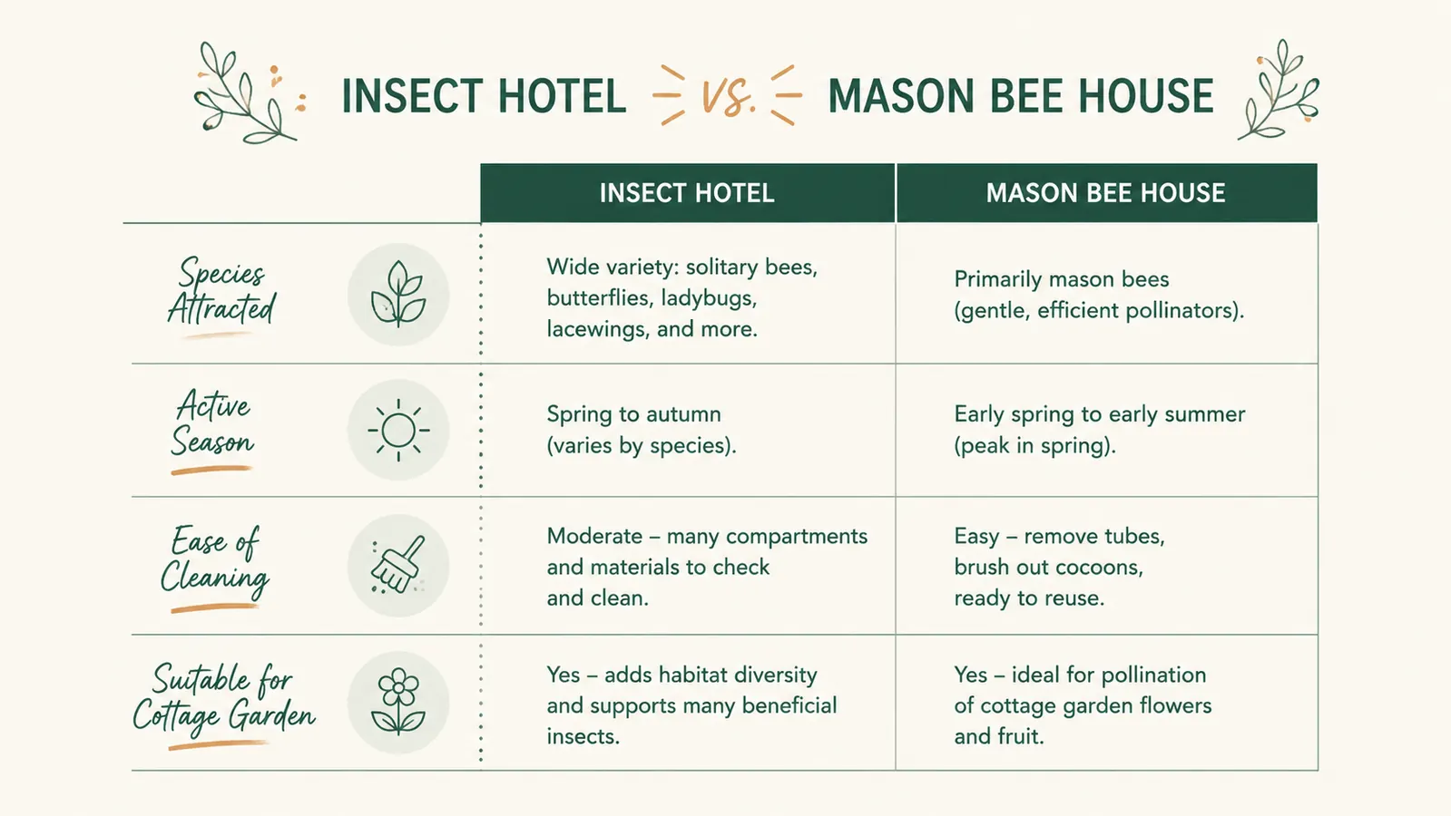 Comparison chart showing which insects each type of habitat attracts across four seasons