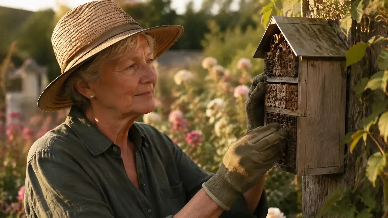 An older woman in a garden hat gently inspecting a wooden insect hotel on a fence post, roses visible behind her