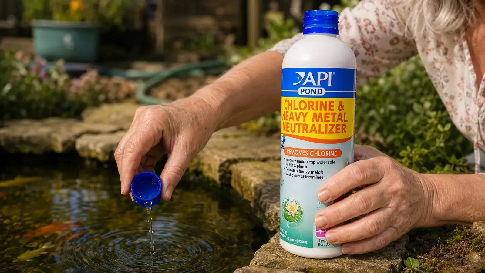 Hand holding a bottle of API Pond Chlorine and Heavy Metal Neutralizer beside a garden pond hose