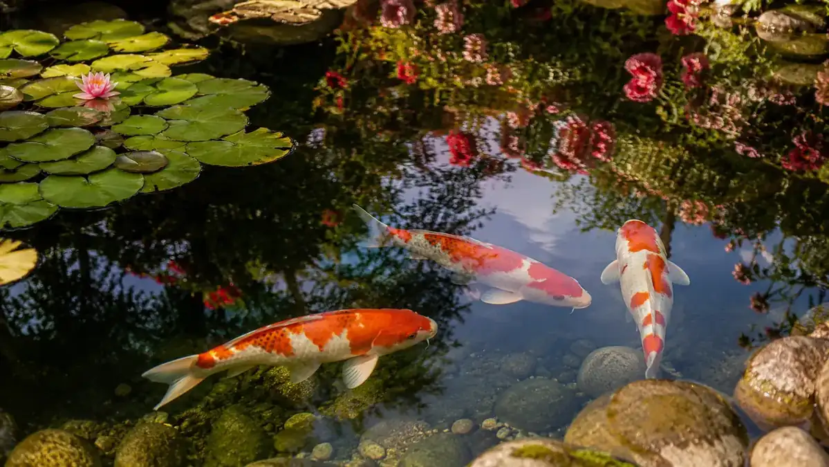 Koi fish swimming calmly near the surface of a clear pond, reflecting cottage garden plants