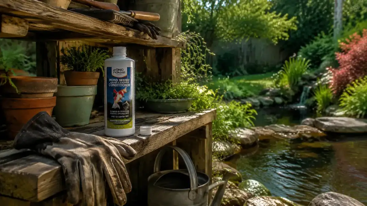 Small wooden shelf beside a garden pond with a bottle of pond dechlorinator, a measuring cap, and garden gloves