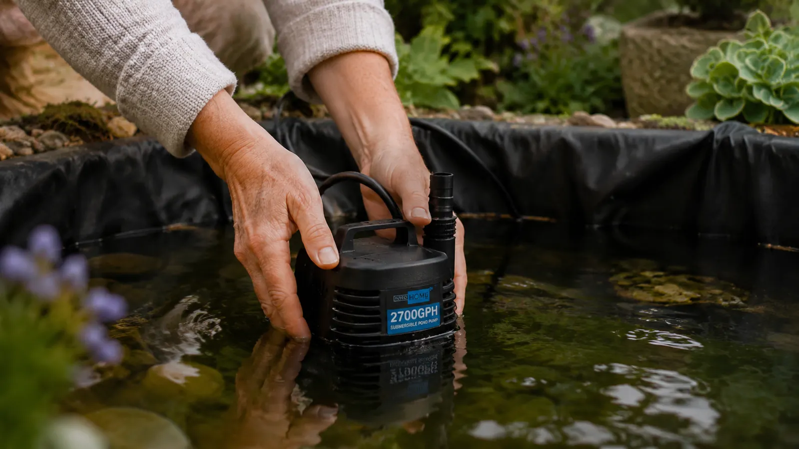 Hands lowering the VIVOHOME submersible pump into a garden pond, the black pump housing visible against the pond liner