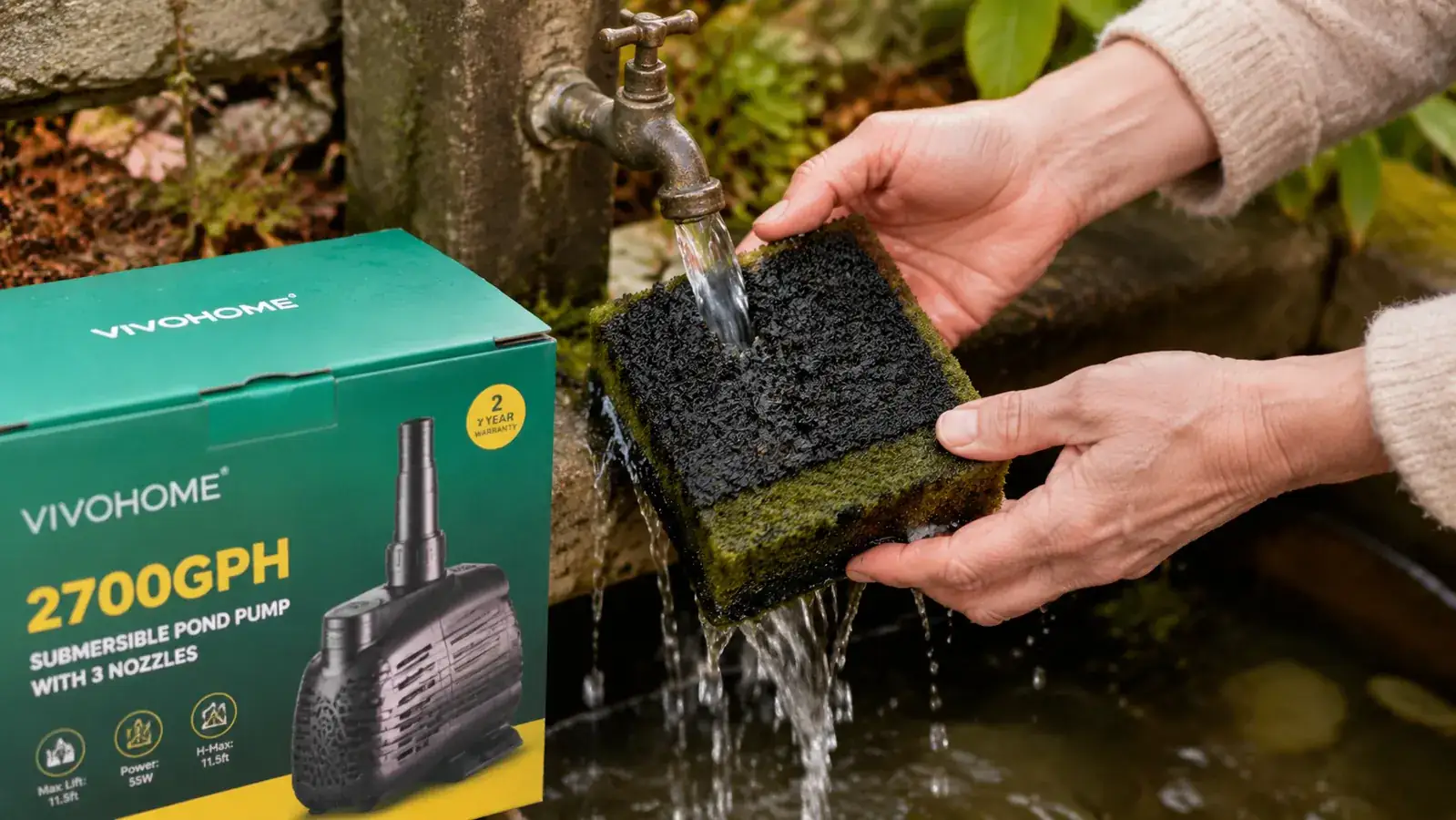 Close-up of a clogged pond pump foam filter being rinsed under an outdoor tap
