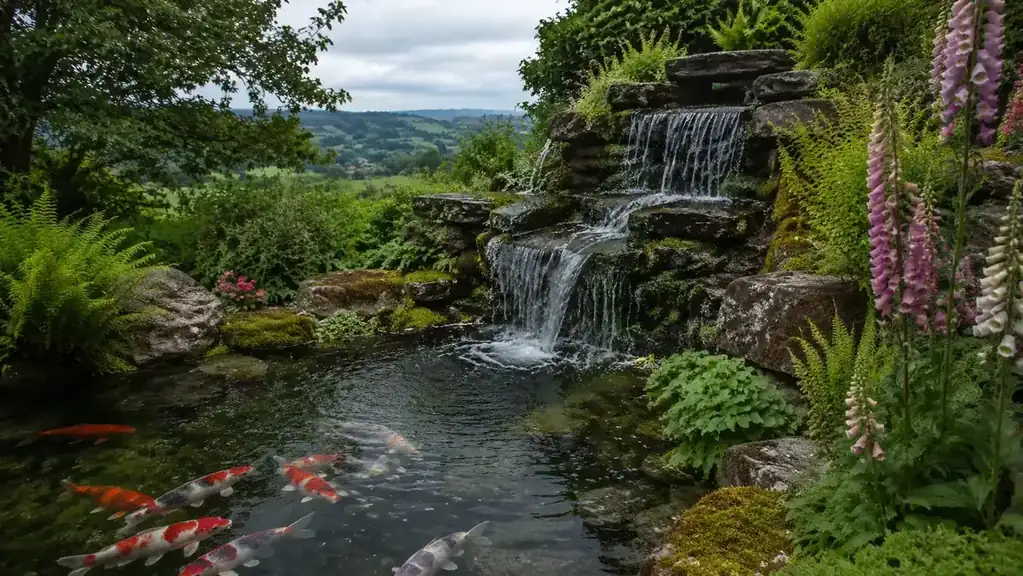 A healthy koi pond with a waterfall feature running steadily, cottage garden plants around the edge