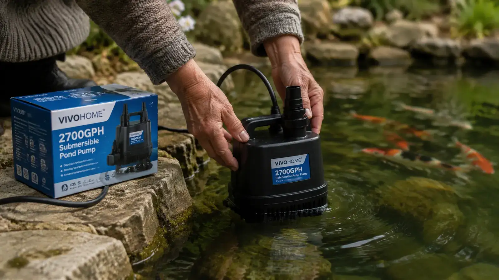 Hands lowering a VIVOHOME submersible pump into a koi pond, the pump cord visible at the water surface