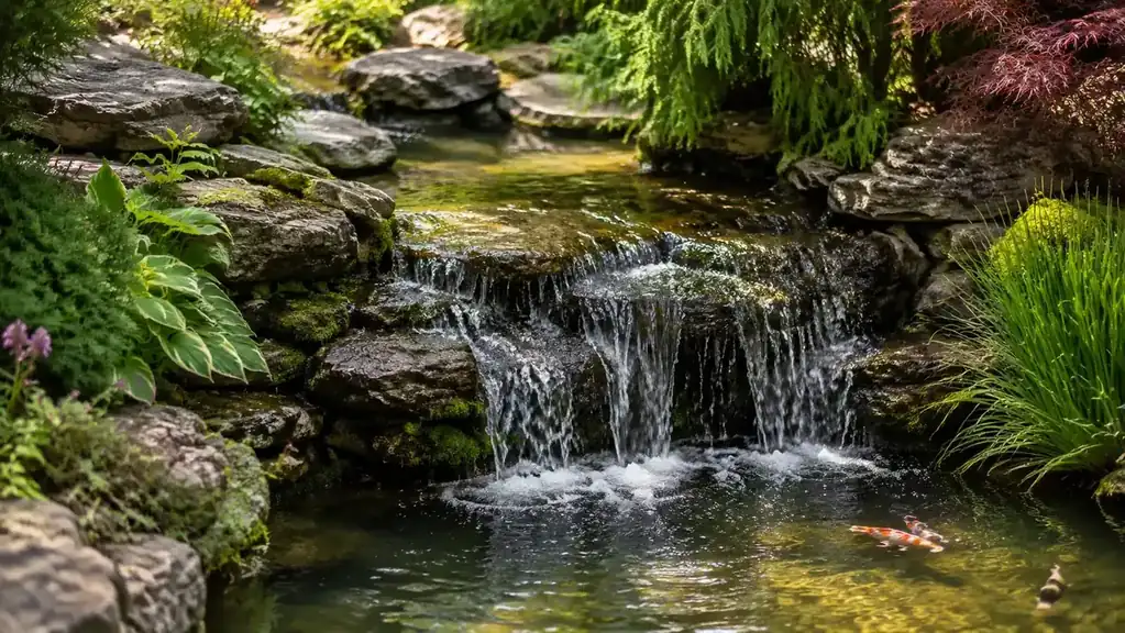 A koi pond waterfall feature running steadily, water cascading over flat stones into a clear pond below
