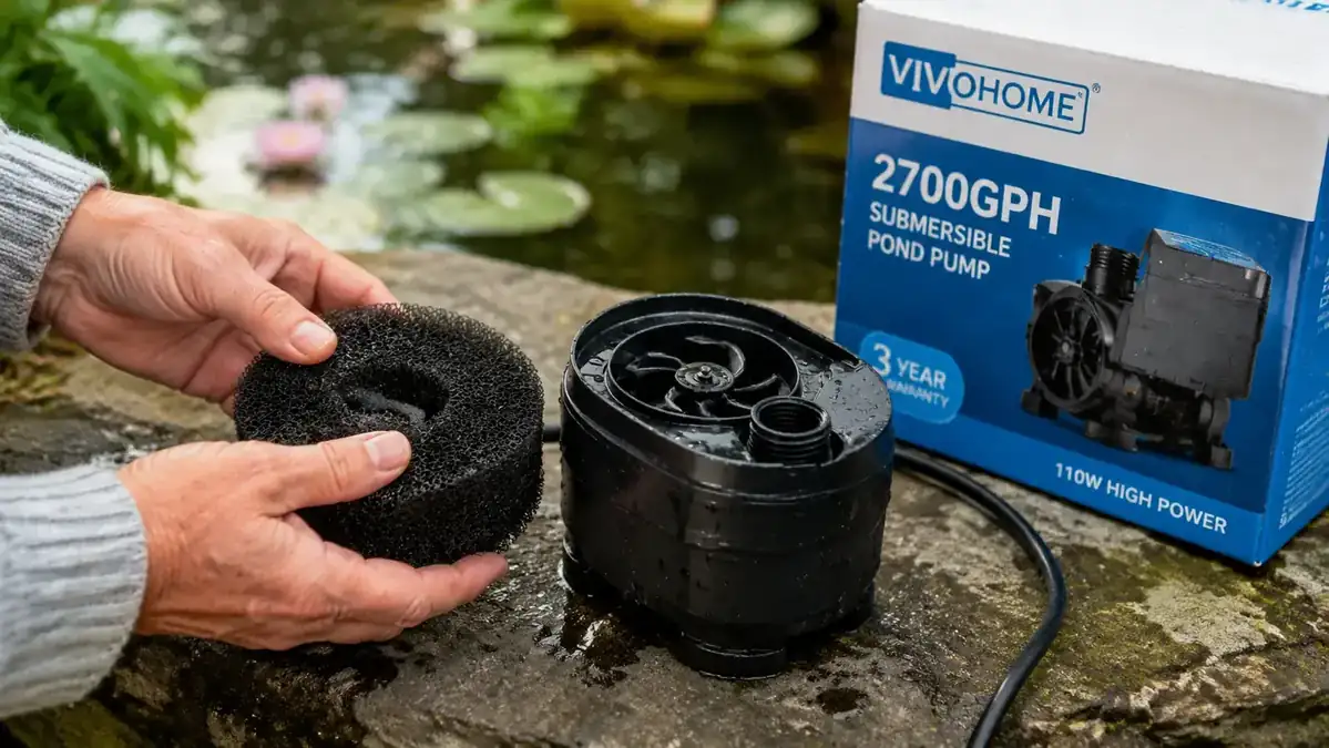 Close-up of the VIVOHOME pump impeller and foam pre-filter removed for monthly cleaning