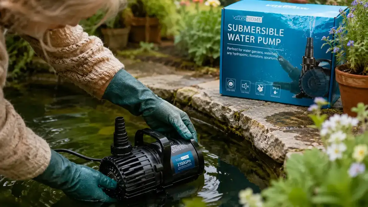 The VIVOHOME 2700GPH submersible pond pump being lowered into a garden pond by a gardener's hands