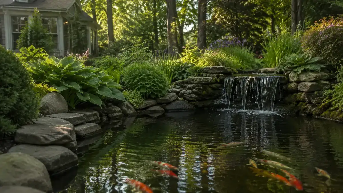 A mature koi pond in full health with water flowing over a small stone waterfall feature, koi visible beneath